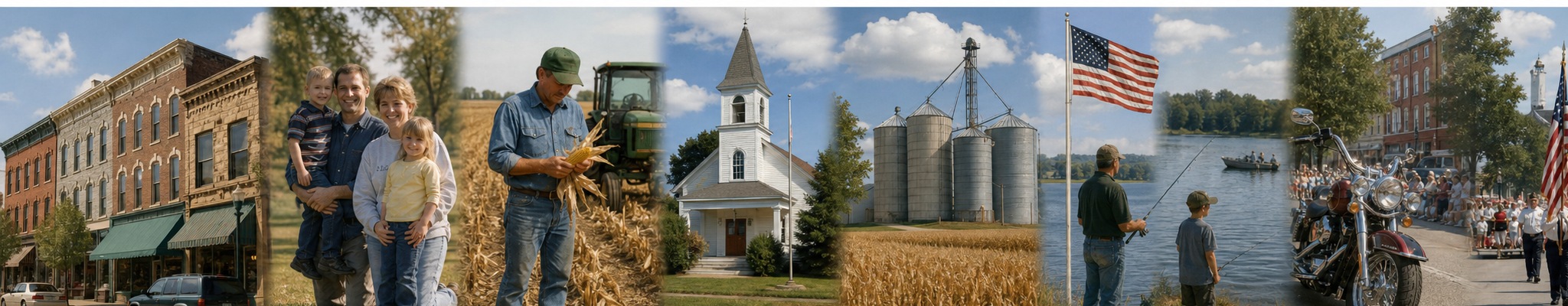 Scenes of the Delano community: local residents, a church, grain elevators, and the American flag
